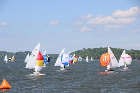 The fleet! gorgeous, right? The orange spinnaker belongs to Rob Fowler's new boat photo: Jim Davis